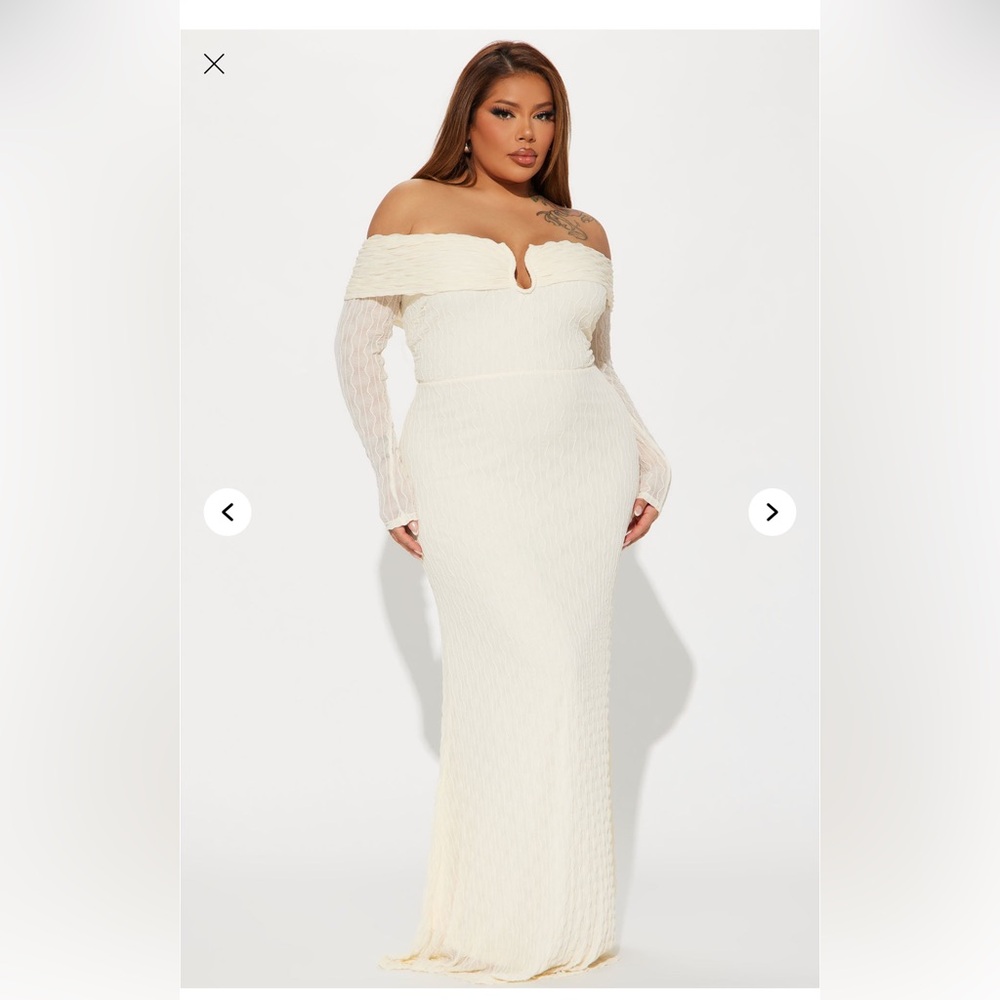 Fashion Nova Cream Off-Shoulder Long Sleeve Gown